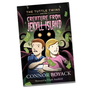 Portada del libro de Los Tuttle Twins (Mellizos Tuttle) y la criatura de la isla de Jekyll