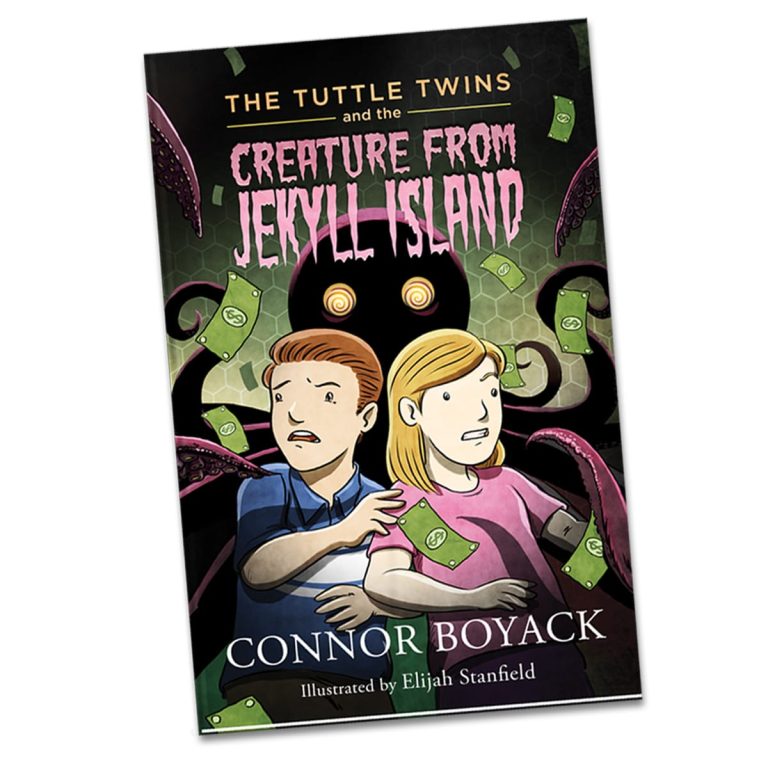 Portada del libro de Los Tuttle Twins (Mellizos Tuttle) y la criatura de la isla de Jekyll